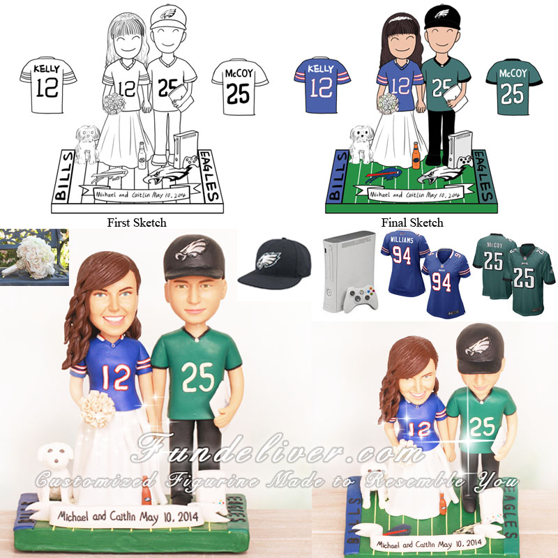 Buffalo Bills and Philadelphia Eagles Football Wedding Cake Toppers